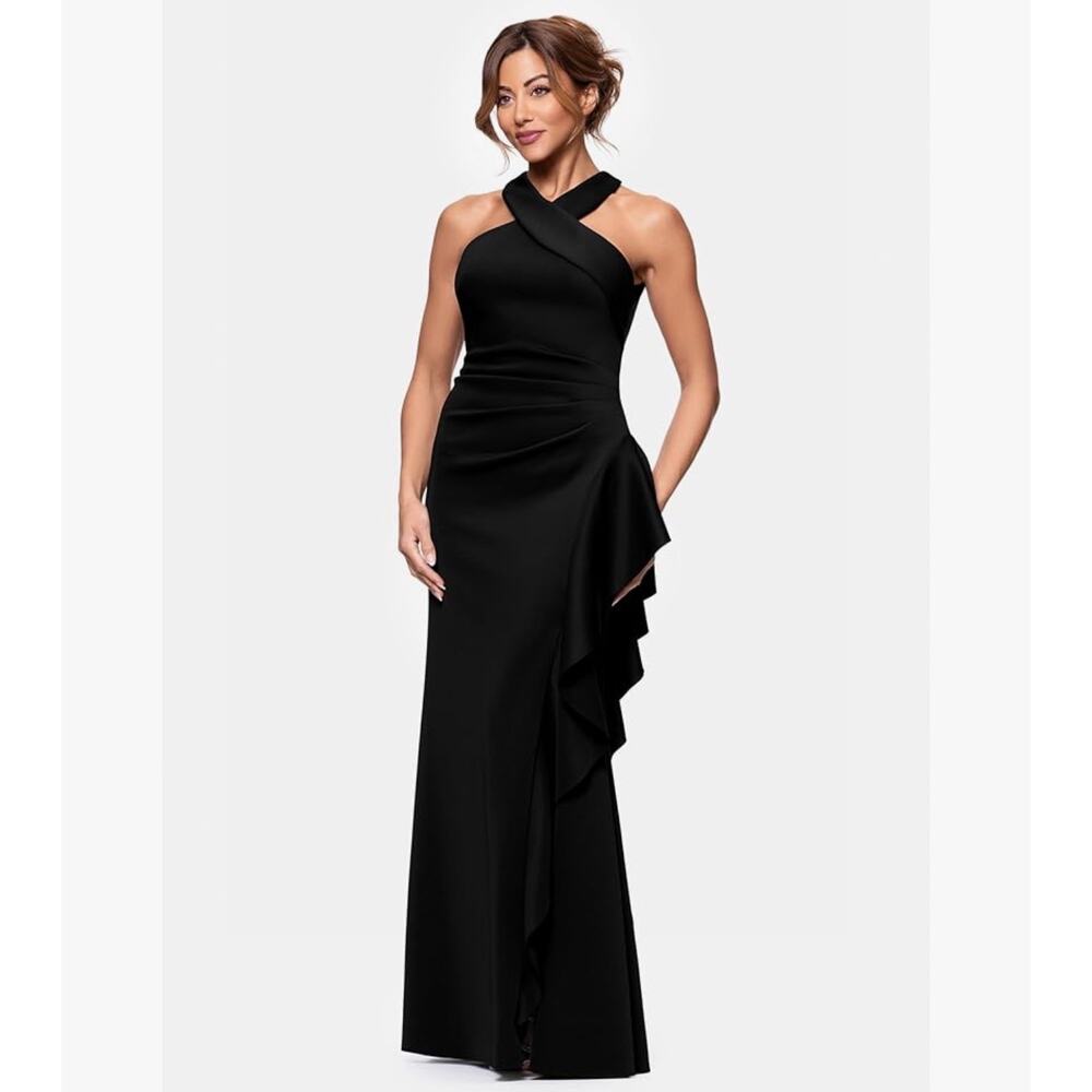 Xscape Scuba Crepe Sleeveless Leg Slit Ruffle Floor Length Dress Black Sz 4 NWT - Picture 5 of 13